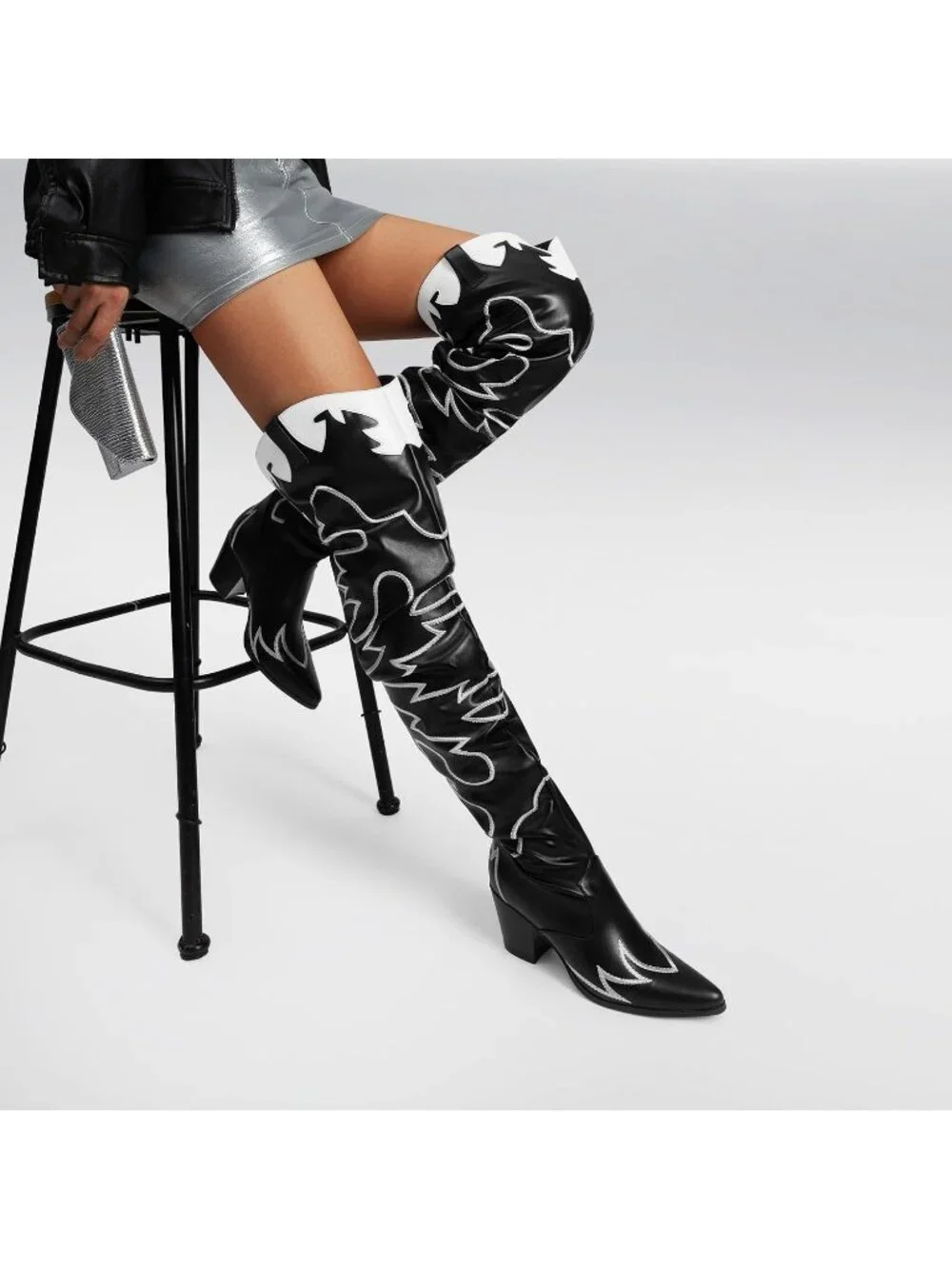 Women's Black Faux Leather Embroidery Slouchy Shaft Chunky Heel Knee High Boots
